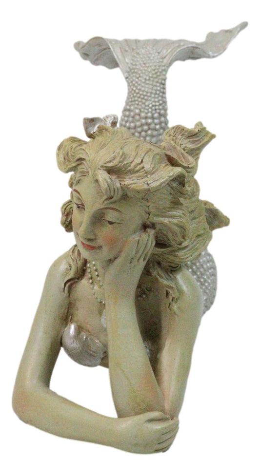 Nautical Marine Vintaged Pearly Mermaid Lying On Belly Daydreaming Figurine 13"L