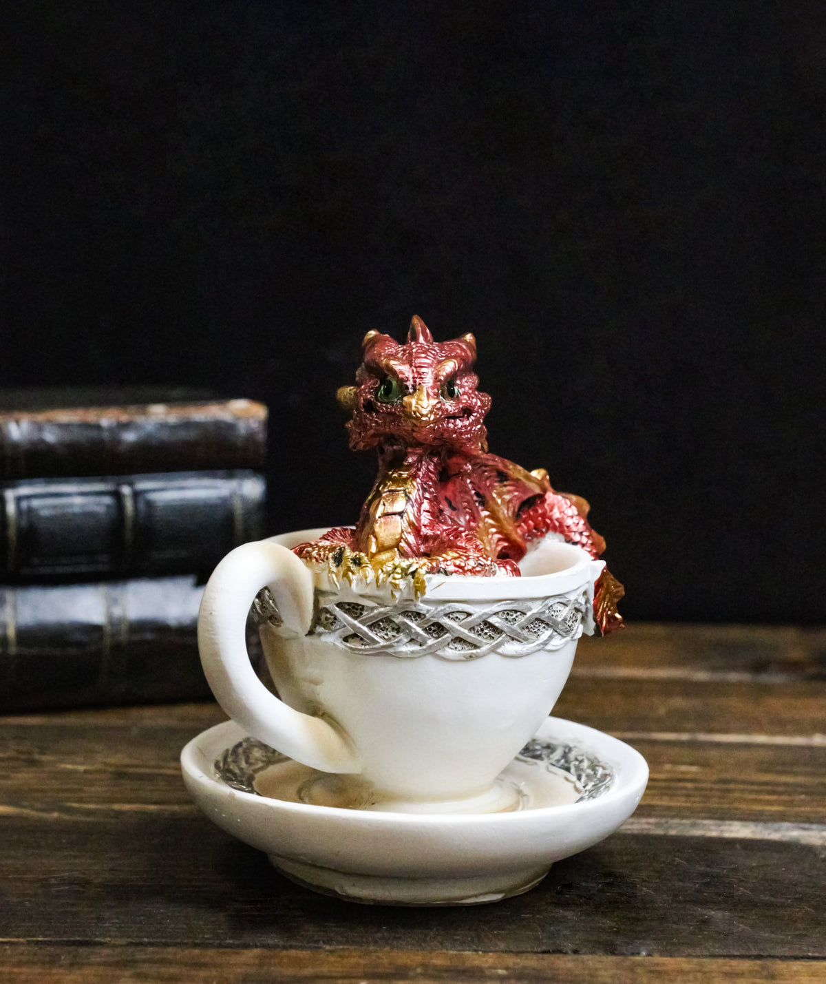 Red Metallic Baby Wyrmling Dragon Bathing In Tea Cup with Saucer Figurine