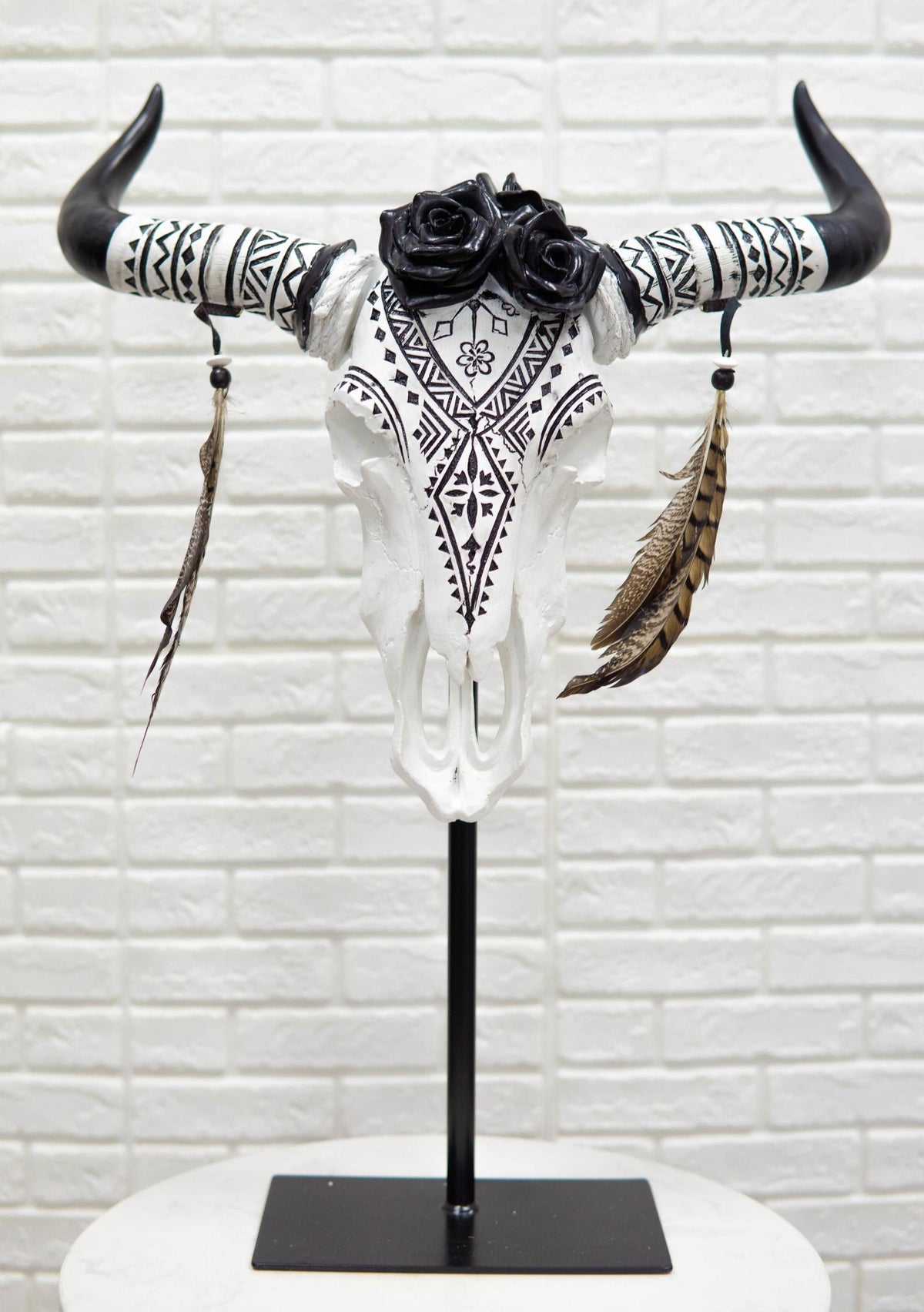 Large Rustic Western Tribal Black Roses Longhorn Cow Skull Desktop Plaque 32"H