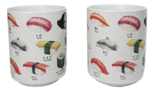 Set Of 2 Japanese Cuisine Sushi Sashimi And Rolls Textured Ceramic Mug Cups 11oz