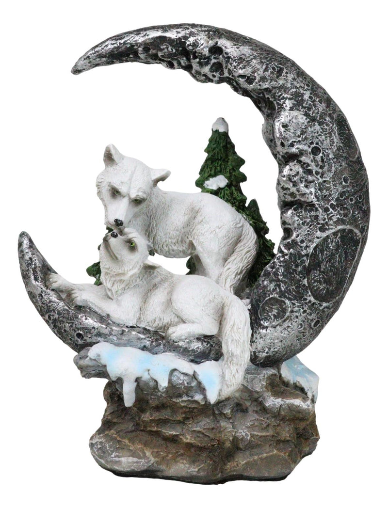 Winter White Wolf Couple In Snow Pine Trees Scene With LED Crescent Moon Statue