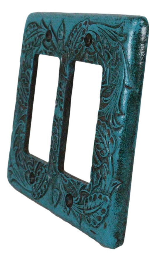 Set of 2 Western Tooled Floral Turquoise Wall Double Gang Rocker Switch Plates