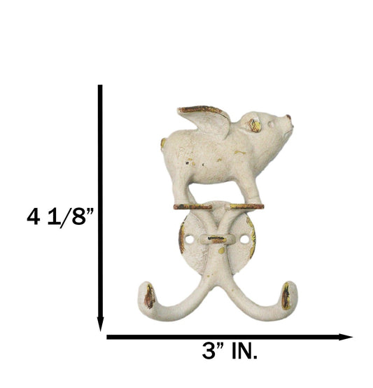 Pack Of 2 Rustic Cast Iron Antiqued White Flying Angel Pig 2-Pegs Wall Hooks