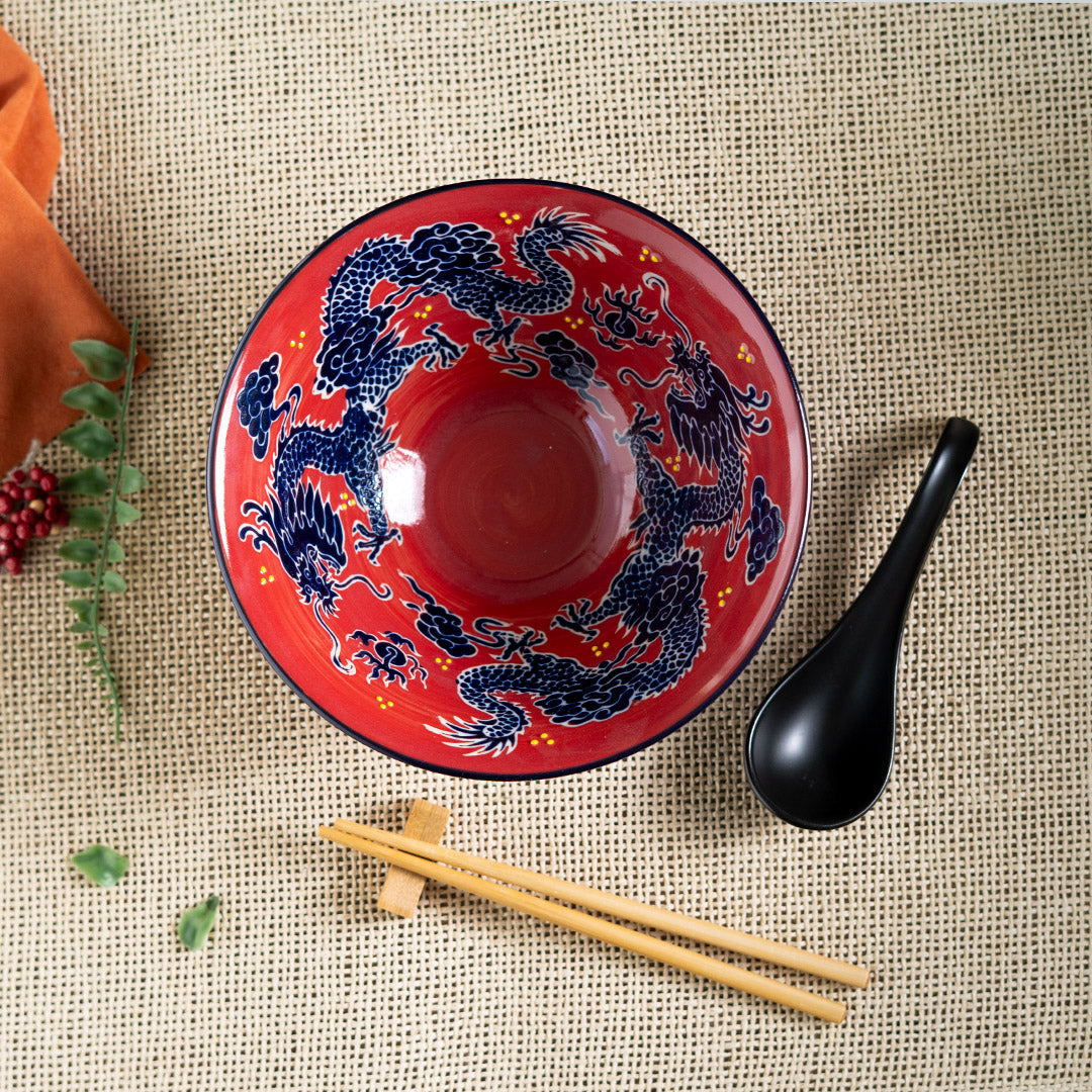 Red Dragon King Ceramic Ramen Rice Bowl With Soup Spoon Chopsticks And Rest Set