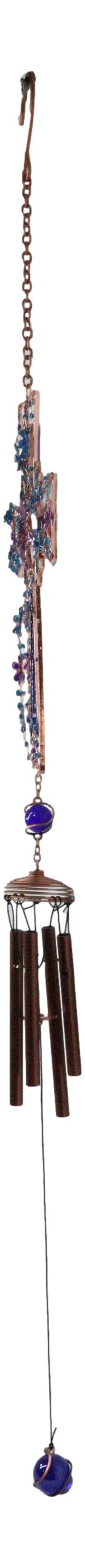 Blue Floral Aquamarine Cross With Gemstones Metal Scroll Filigree Wind Chime