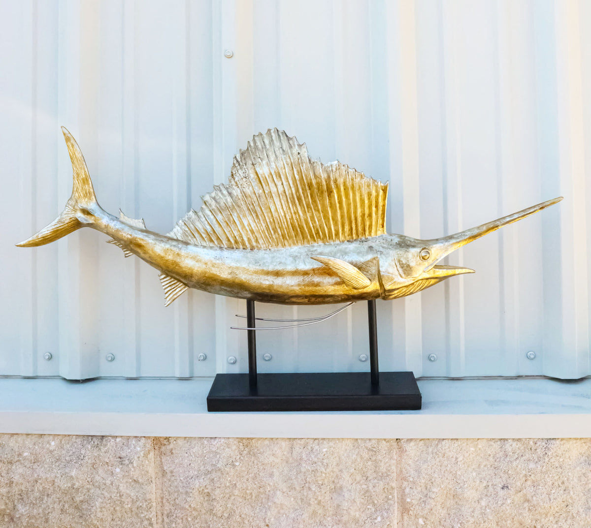 Large Marine Sea Life Sailfish Marlin Sculpture in Gold Leaf With Pole Stand 38"