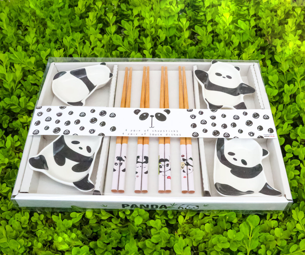 Happy Panda Bears Ceramic Sauce Dishes Chopsticks And Rests Sushi Set For 2