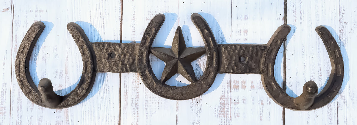Rustic Western Lone Star With 3 Horseshoes Lucky Charm Double Wall Coat Hook