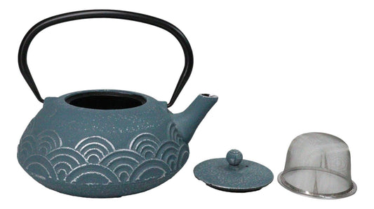 Silver Blue Seigaiha Waves Design Large Cast Iron Tetsubin Teapot 40oz Tea Pot