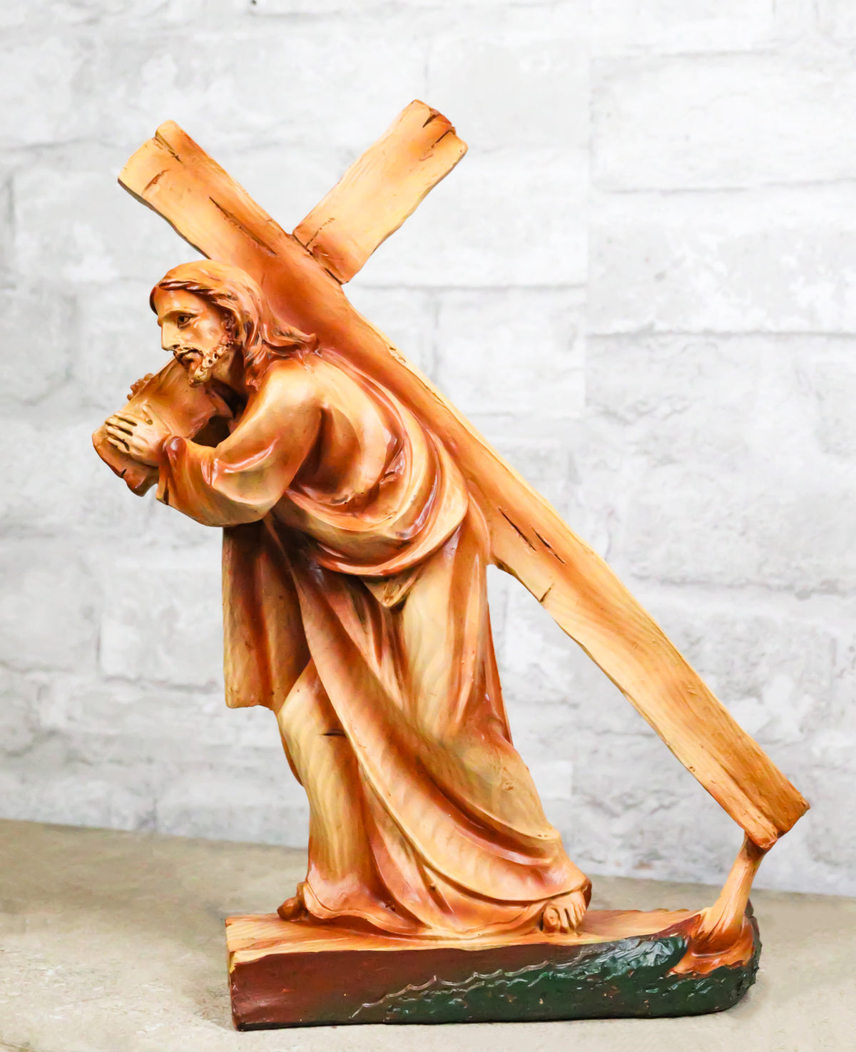 Passion Of Jesus Christ Carrying The Cross In Faux Cedar Wood Finish Figurine