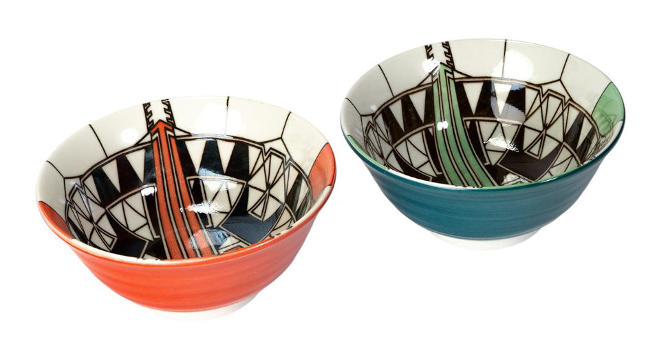 Pack Of 2 Made In Japan FLW Imperial Hotel Peacock Orange And Green Bowls 18oz
