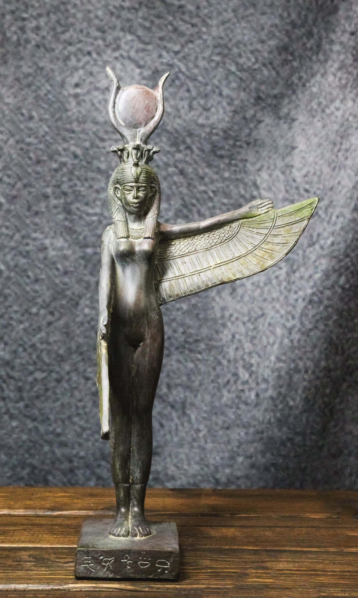 Goddess Isis Ra With Raised Left Wing On Hieroglyphic Base Figurine 14" Tall