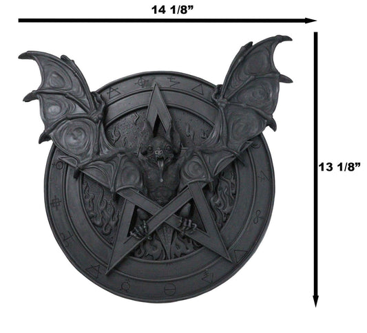 Gothic Nosferatu Black Bat Pentagram With Hell Fire Alchemy Symbols Wall Plaque