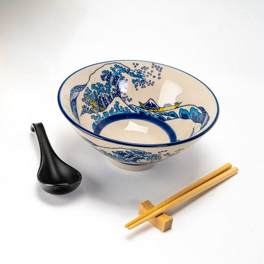 Great Wave Of Kanagawa Ceramic Ramen Bowl Soup Spoon Chopsticks And Rest Set
