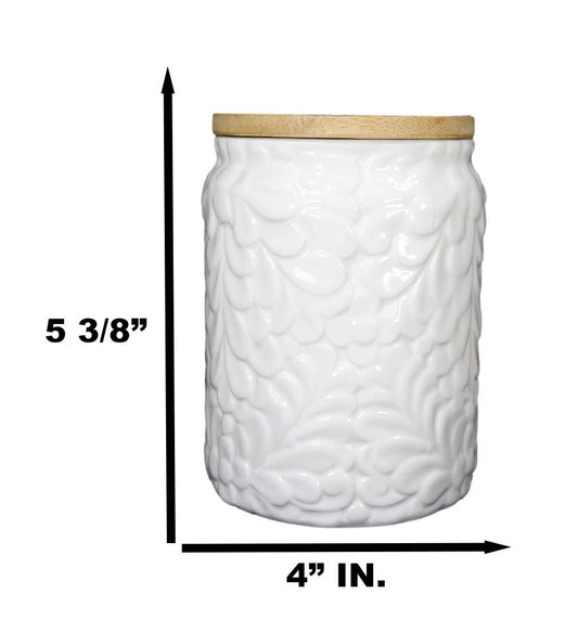 Set of 2 Ceramic White Floral Air Tight Canister Storage Jars Bamboo Lid 20oz
