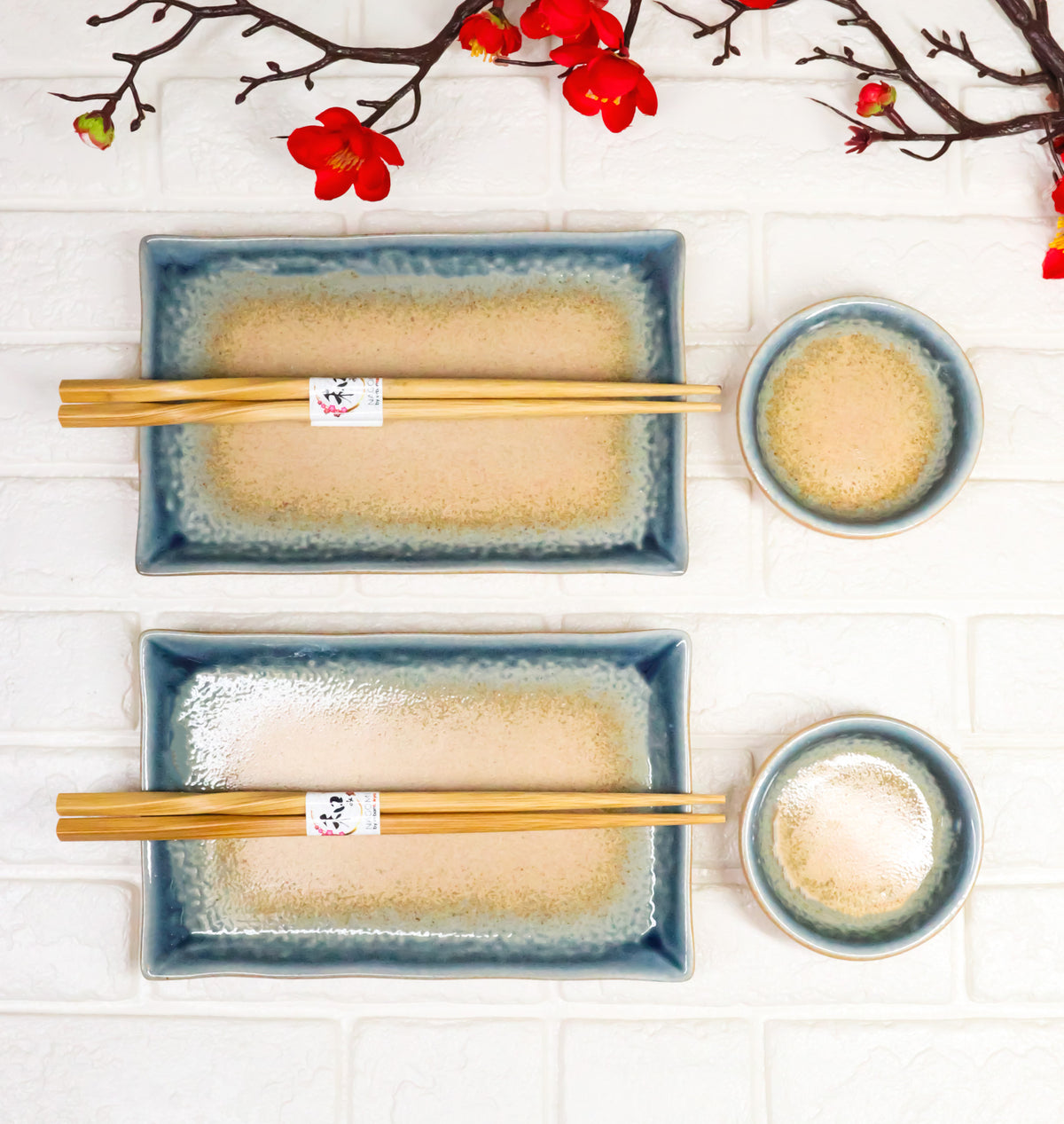 Ao Nagashi Porcelain Sushi Plates Sauce Dishes Chopsticks Dinnerware Set For 2