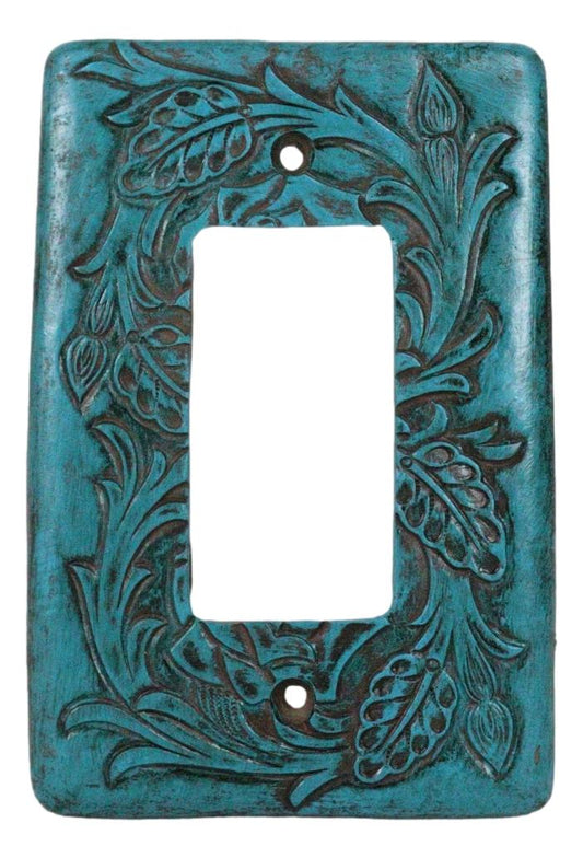 Set of 2 Western Tooled Floral Turquoise Wall Single Gang Rocker Switch Plates - Ebros Gift