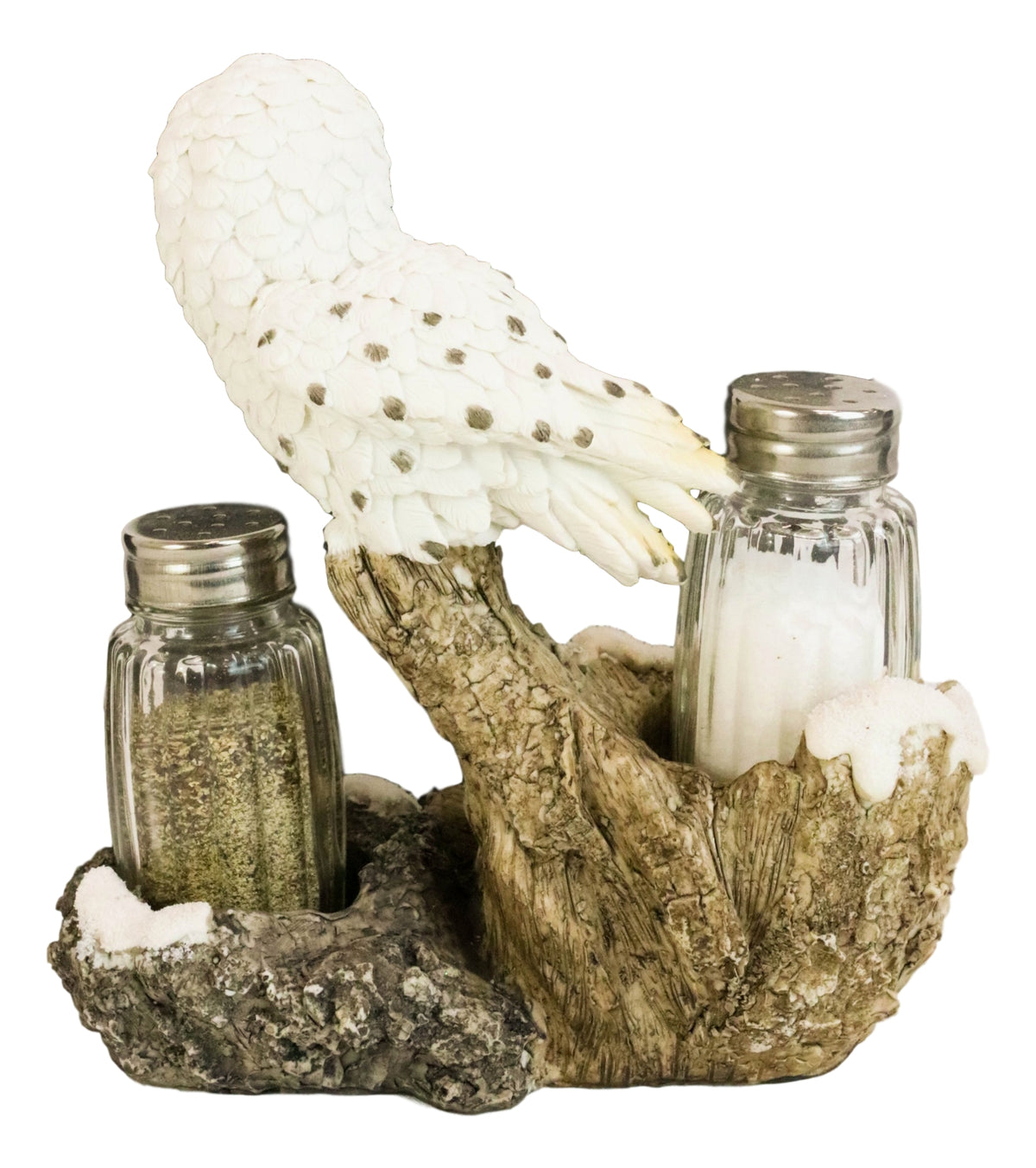 Snow White Owlet Owl On Snowy Branch Glass Salt Pepper Shakers Holder Figurine