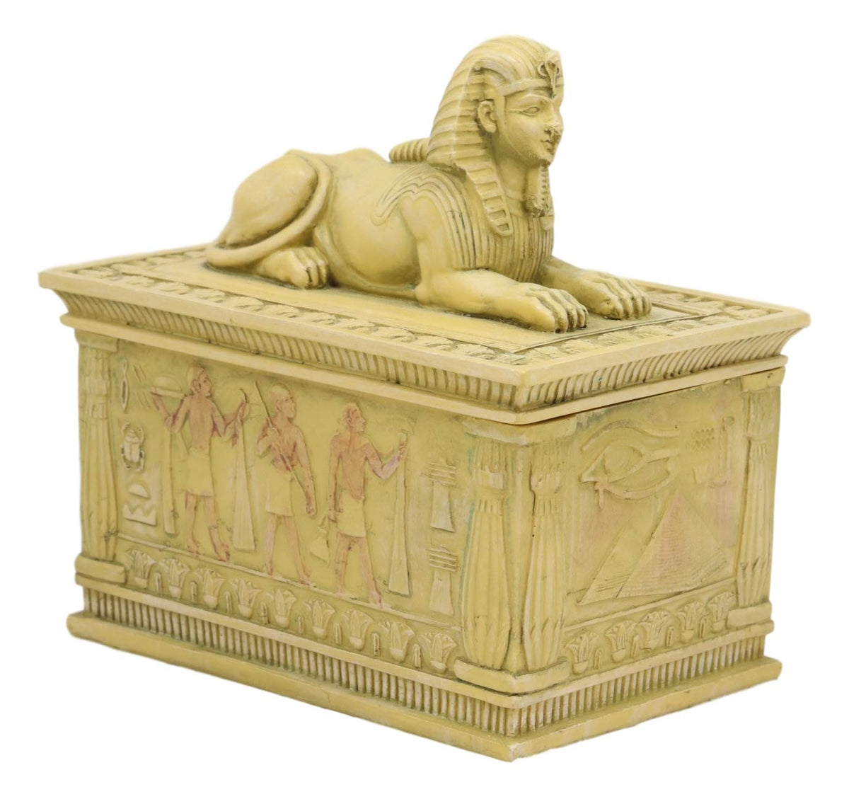 Ebros Egyptian Guardian Sphinx Decorative Rectangular Box in Sandstone Finish 4.25" Long Classical Egypt Monument Androsphinx with Hieroglyphic Deities Jewelry Trinket Box Sculpture - Ebros Gift