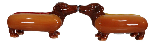 Hot Dog Sausage Ketchup Mustard Dachshunds Ceramic Salt & Pepper Shakers Set