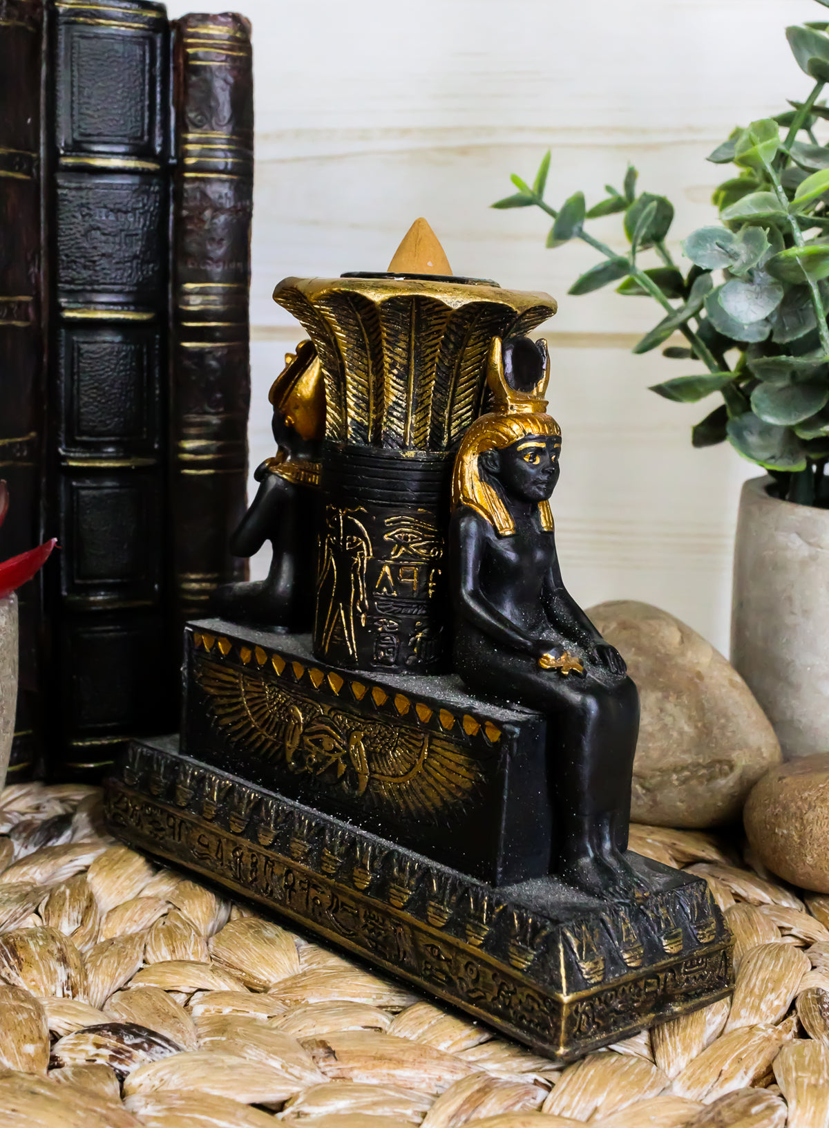 Ebros Ancient Egypt Black and Gold Seated Isis and Osiris Pillar Candle Holder
