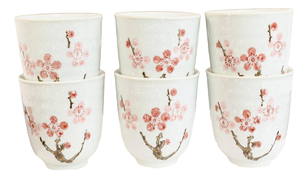 Pack Of 6 Textured Pink Japanese Sakura Cherry Blossoms Ceramic Tea Cups Teacups