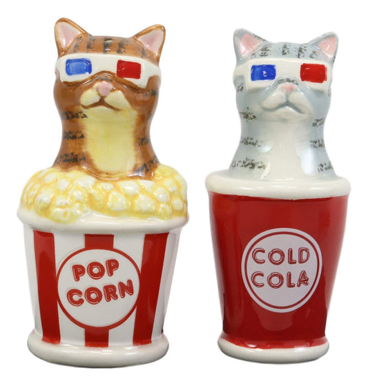 Ebros Funky Cats With Cinema 3D Glasses Sitting In Soda Pop Cup And Popcorn Tub At The Movies Salt And Pepper Shakers Set Ceramic Figurines Party Kitchen Tabletop Cat Decor Collectible - Ebros Gift