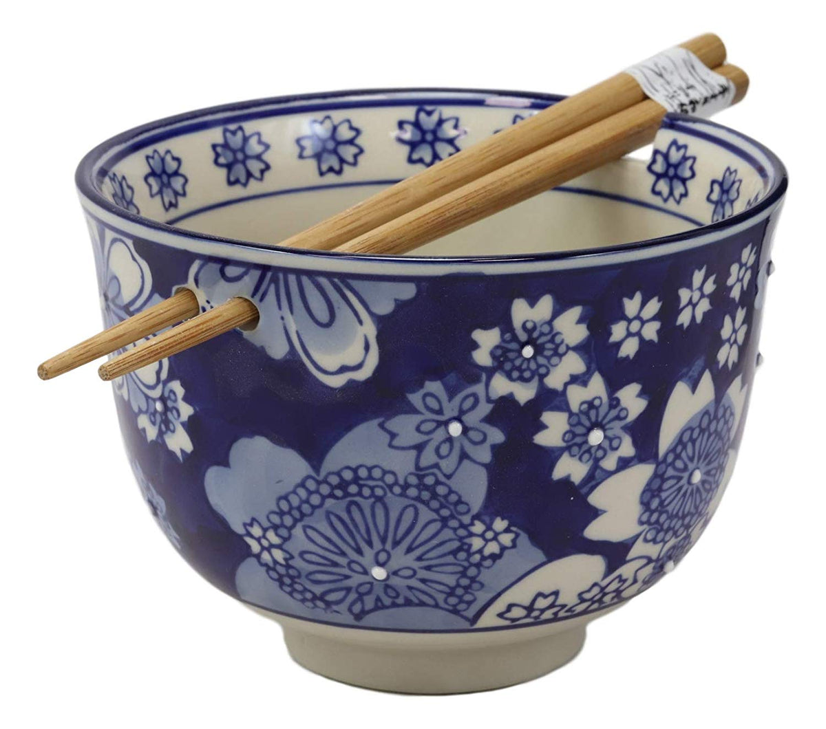 Ming Style Blue White Florals Porcelain Ramen Soup Rice Bowl With Chopsticks Set