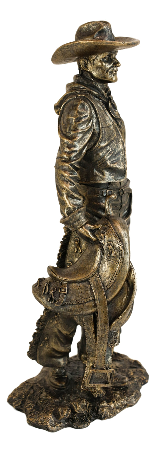 Old World Rustic Western Cowboy Holding Horse Saddle and Rifle Gun Statue 12"H - Ebros Gift
