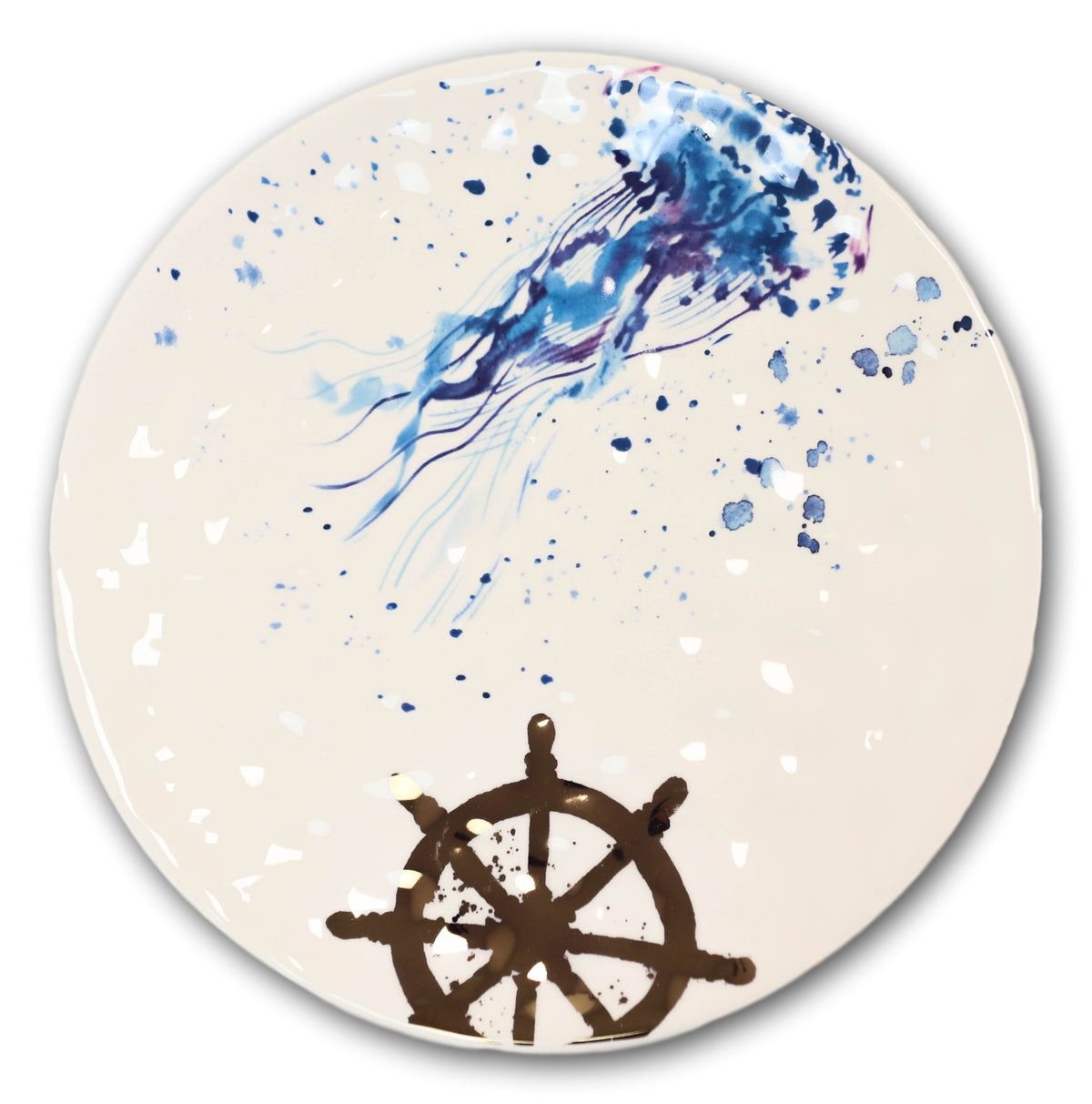 Nautical Marine Ocean Jellyfish Ship Helm Ceramic Round Dinner Plates Pack Of 2