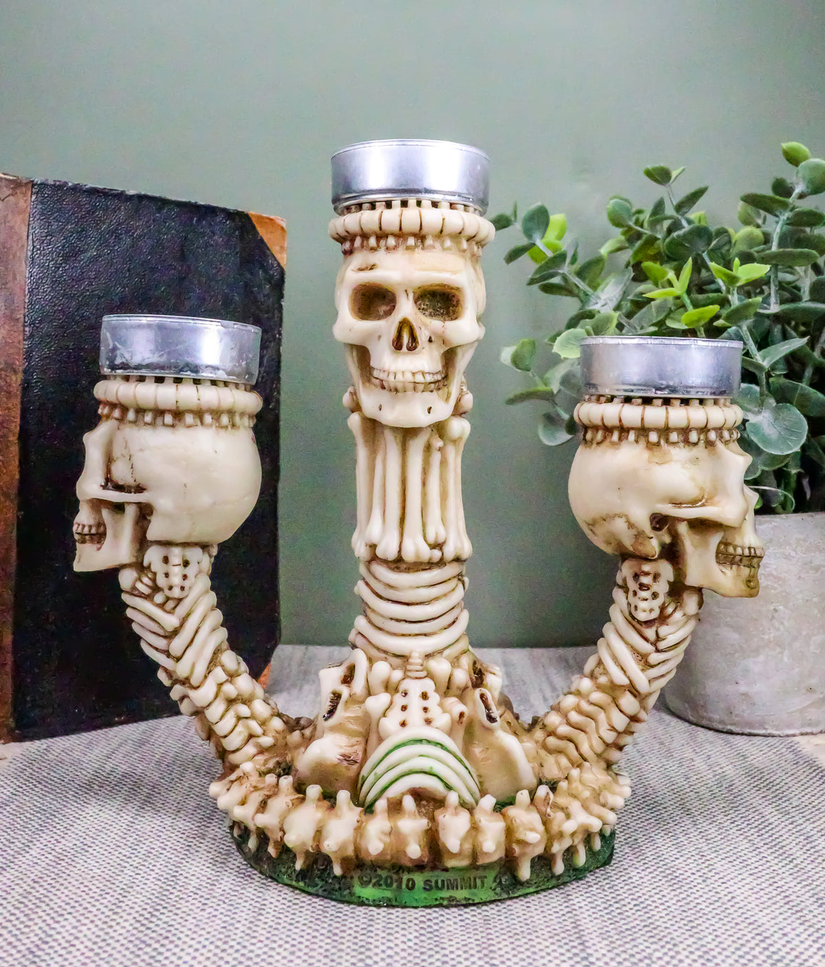 Ebros Trio Ossuary Graveyard Skulls & Skeleton Bones Candelabra Candle holder - Ebros Gift