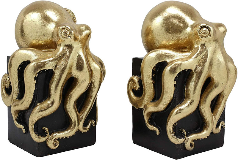 Ebros Contemporary Gold Color Octopus Bookends Statue Set With Black Base