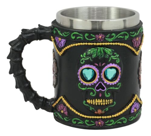 Gothic Black Day of The Dead Sugar Skull Mug Silhouette In Bright Floral Colors