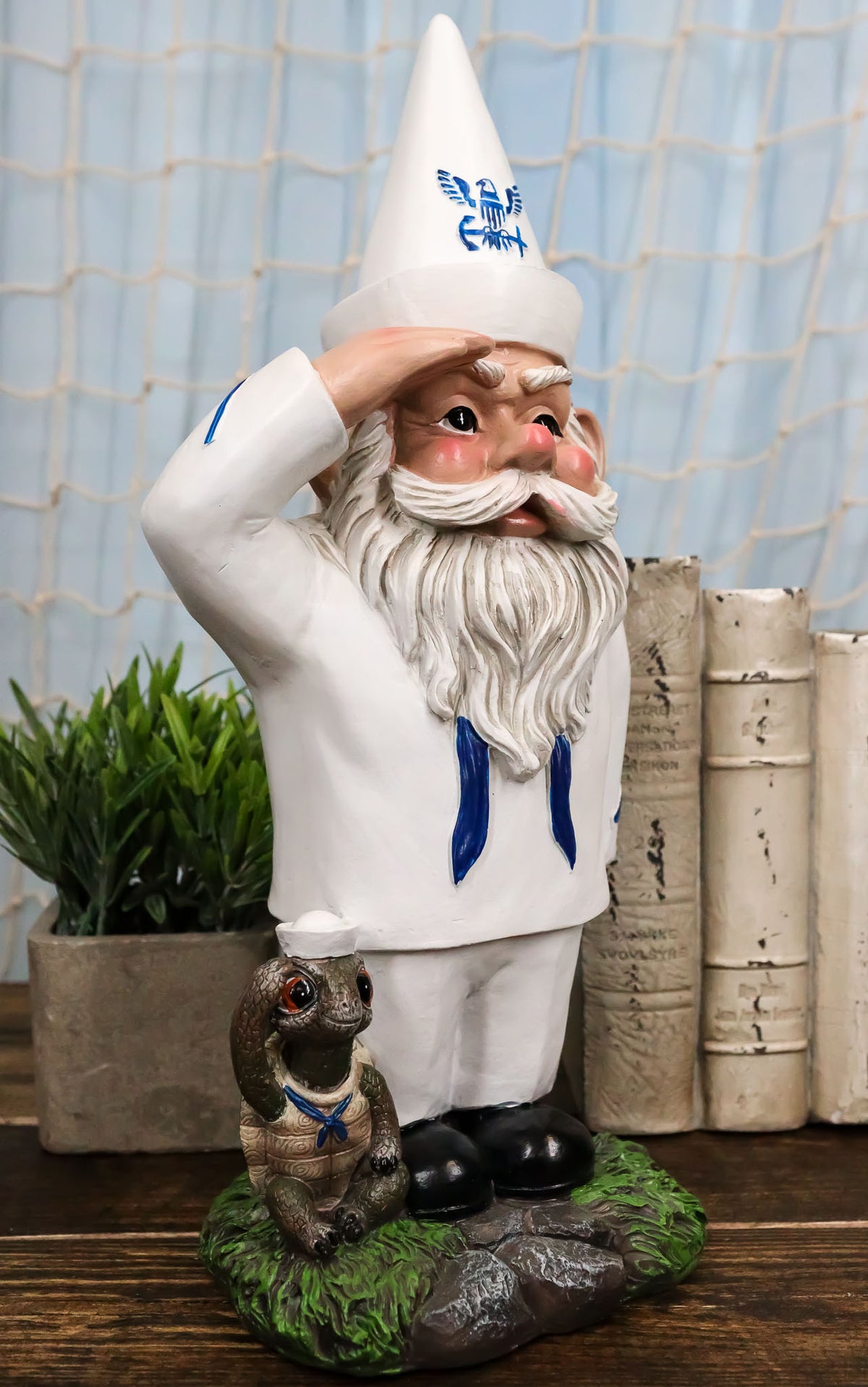 USA Patriotic White Uniformed Sailor Navy Gnome With Tortoise In Salute Statue