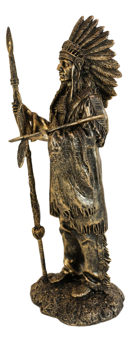 Native American Indian Chief With Eagle Roach Spear And Chalumet Pipe Statue - Ebros Gift