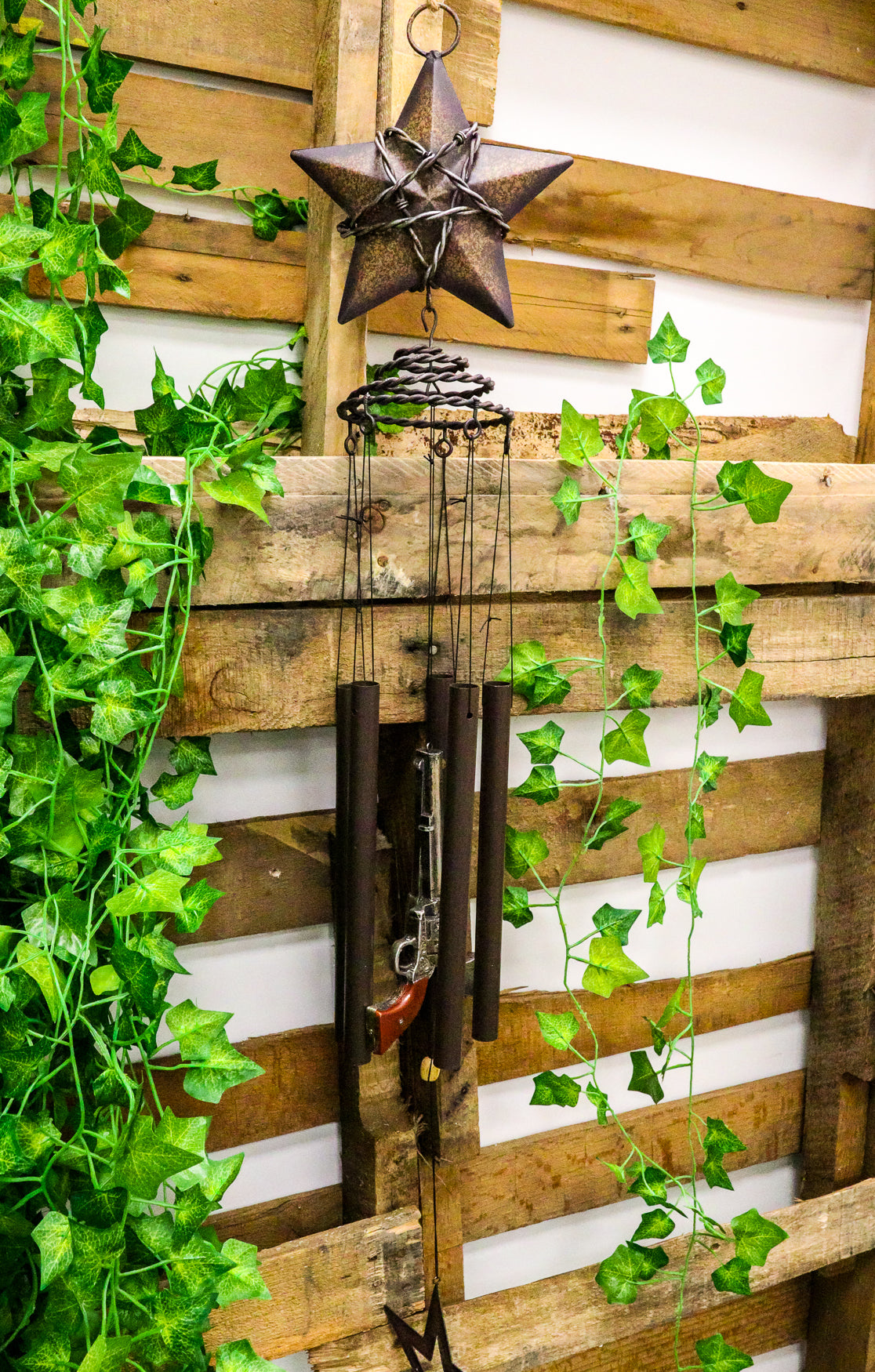 Rustic Western Lone Star With Barbed Wire Cords And Pistol Guns Wind Chime Decor