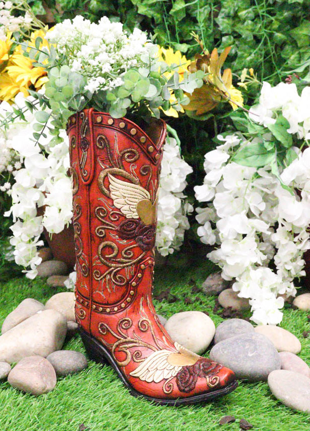 Western Country Angel Wings Heart Roses Scrollwork Cowgirl Red Boot Flower Vase