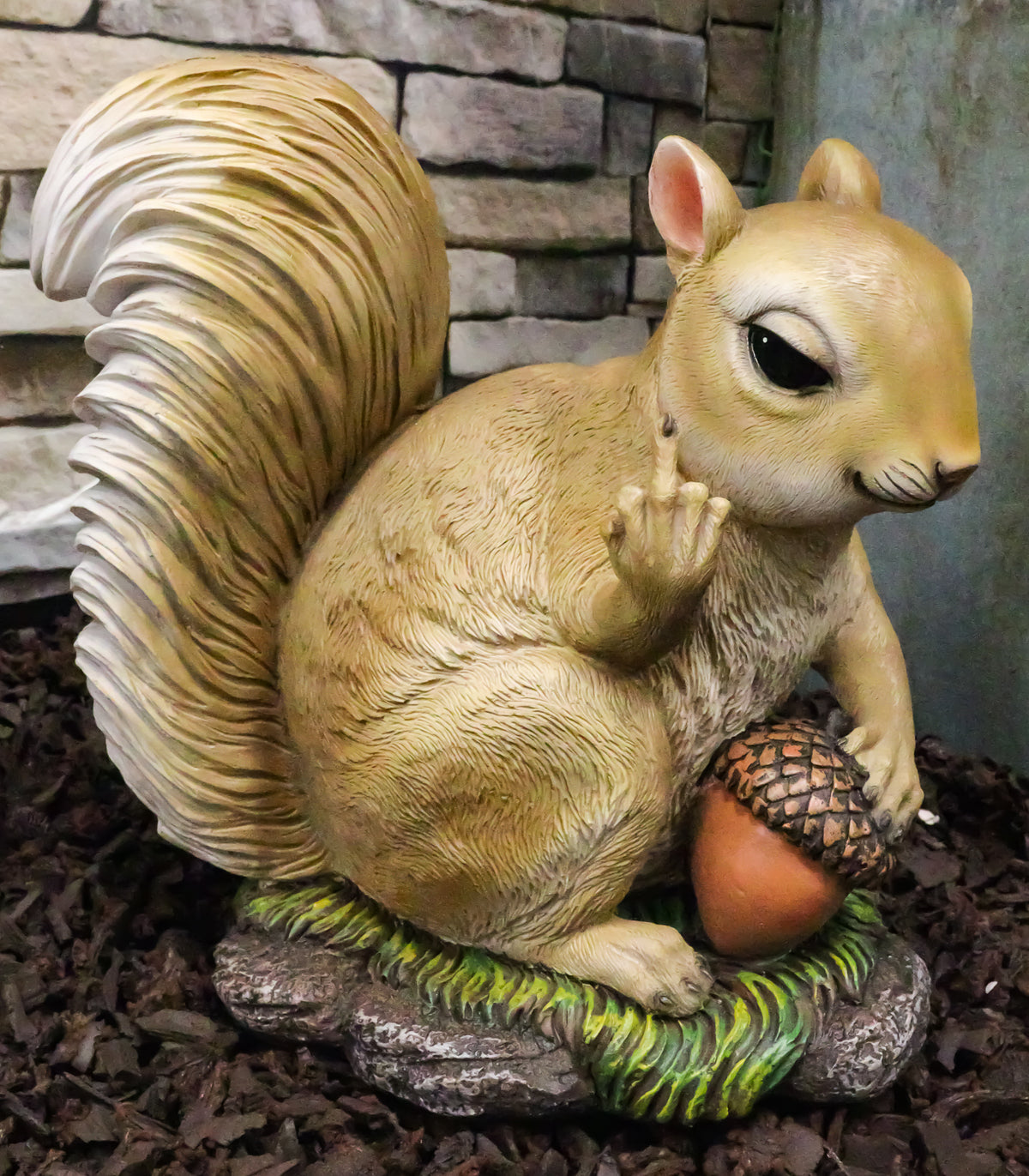 Rude Squirrel Pointing Middle Finger With Acorn Nutty Welcome Greeter Statue