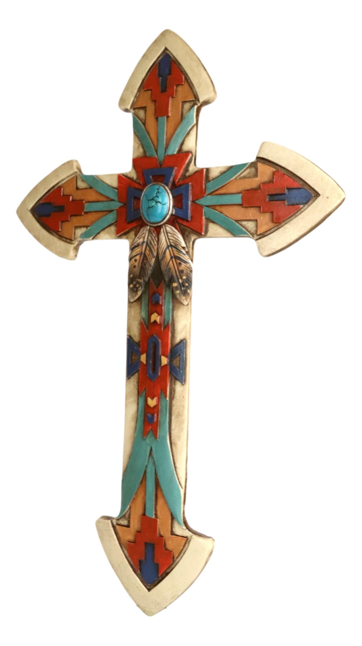 Rustic Southwest Indian Navajo Vector Feathers And Turquoise Rock Wall Cross