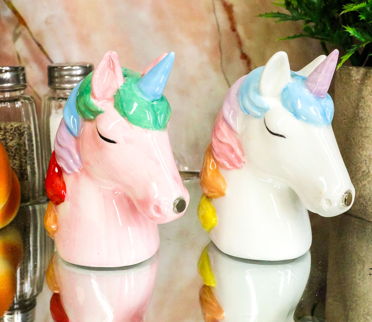 Pink and White Rainbow Mane Kissing Sacred Unicorns Salt And Pepper Shakers Set