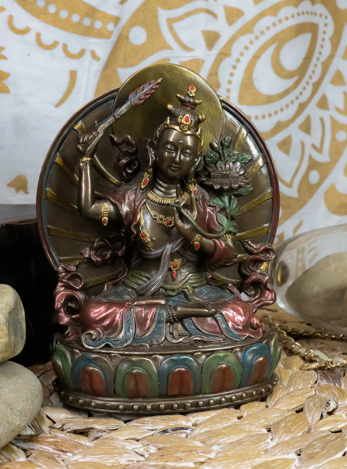Ebros Bronze Patina Buddha Bodhisattva Manjushri Sitting On Lotus Throne Statue 6.25" Tall