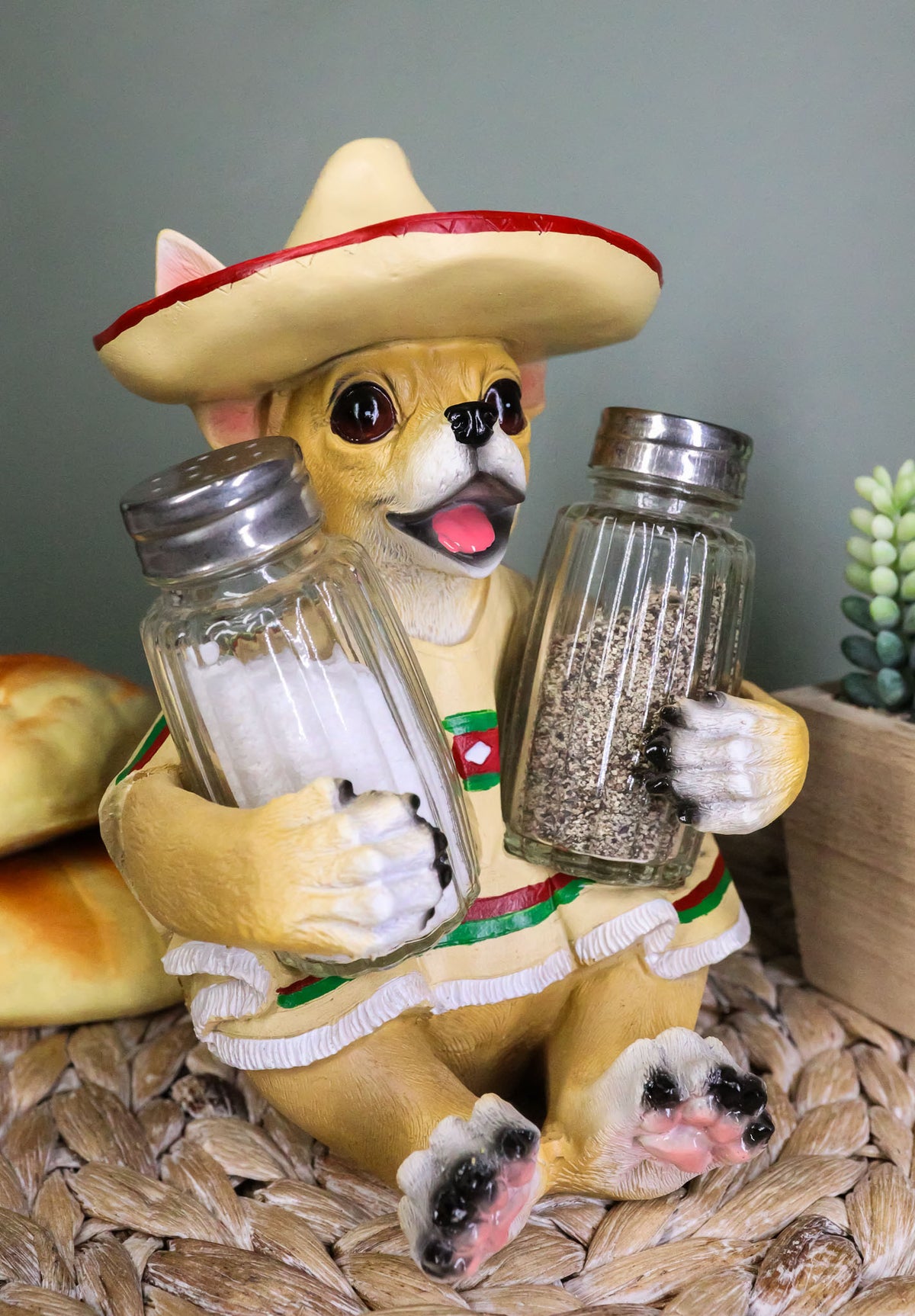 Ebros Mexican Chihuahua With Sombrero Hat And Serape Salt Pepper Shakers Holder 7"H