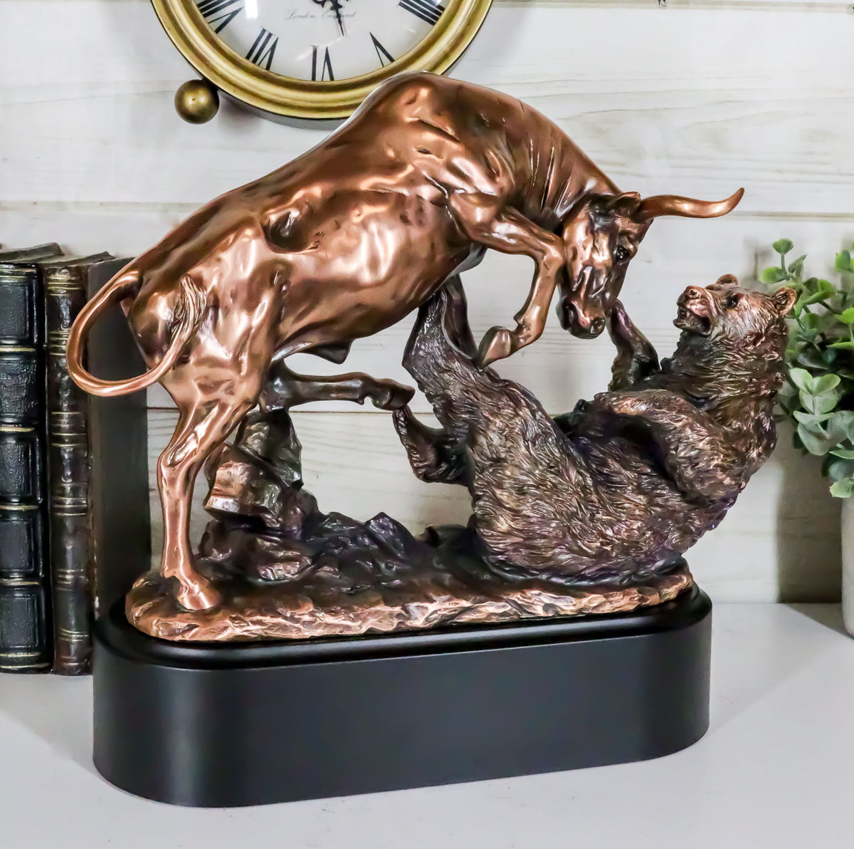 Wall Street Stock Market Charging Bull Trouncing Bear Statue With Pedestal Base