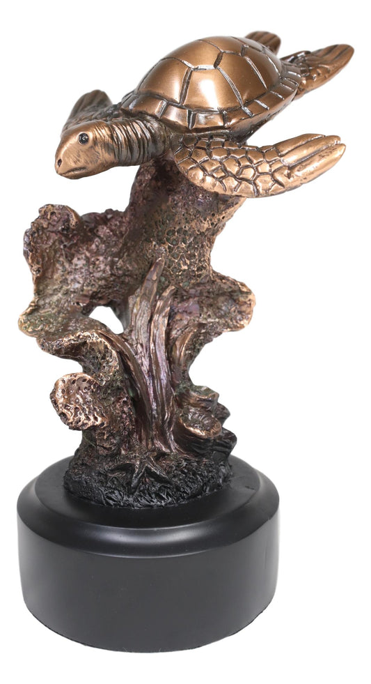 Ebros Sea Turtle Swimming By Corals Starfish Electroplated Bronze Resin Statue - Ebros Gift