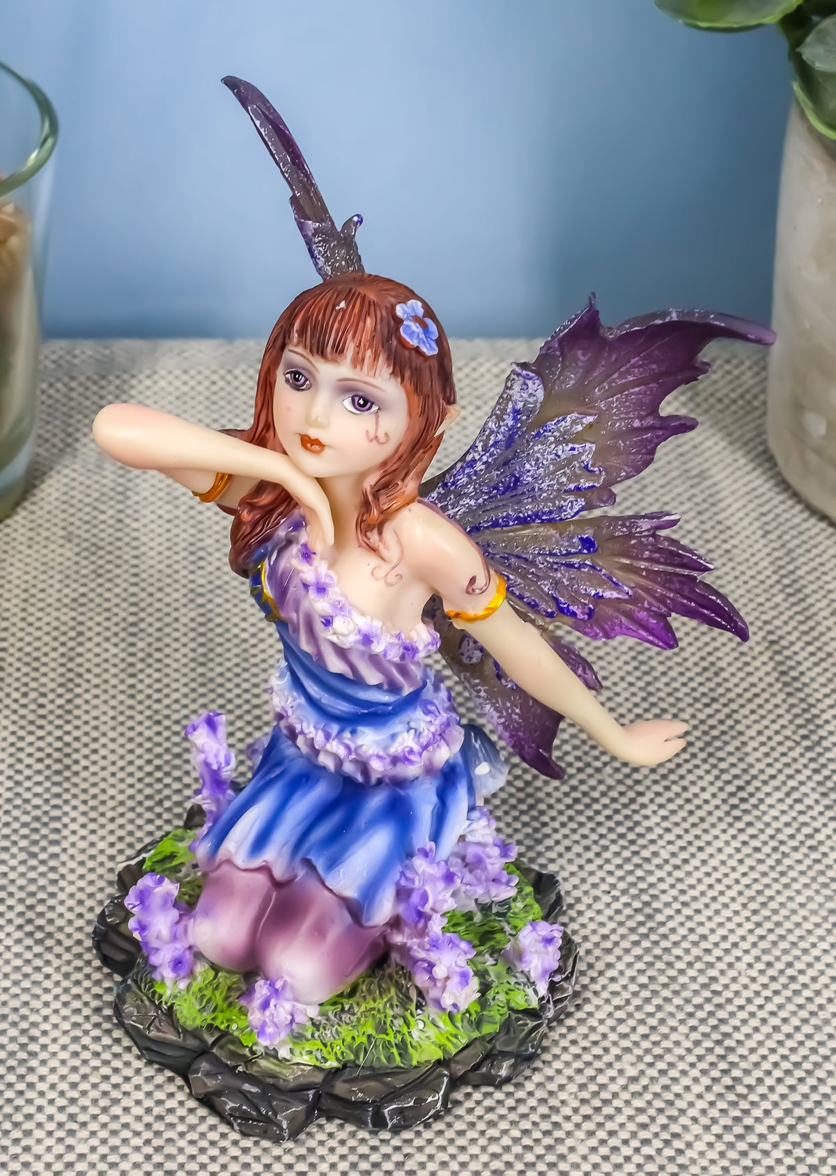 Kneeling Purple Lavender Girl Fairy Garden Statue 4.25"Tall Fantasy Collectible