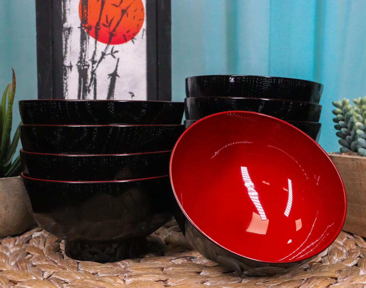 Ebros Gift Made In Japan Traditional Small Black Red Lacquer Copolymer Plastic Bowl For Rice Salad Miso Soup 4.5"Dia 6oz Japanese Restaurant Supply Bowls Home Kitchen (Dotted Ridged Pattern, 6)