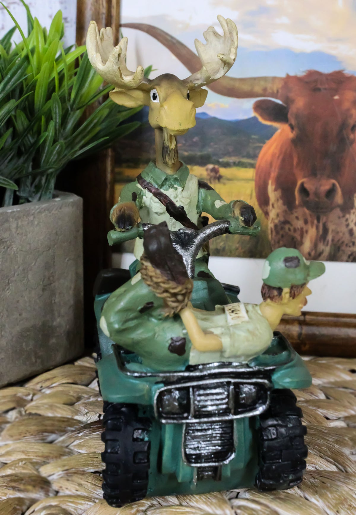 Rustic Western Elk Moose With Captured Man Hunter Driving ATV Car Figurine