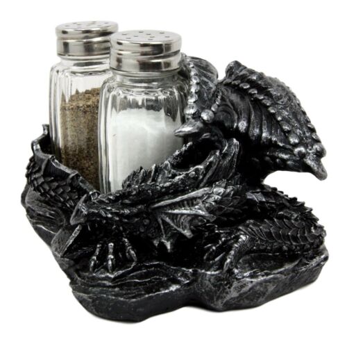 Sleeping Dragon Glass Salt and Pepper Shaker Set with Decorative Holder Display - Ebros Gift