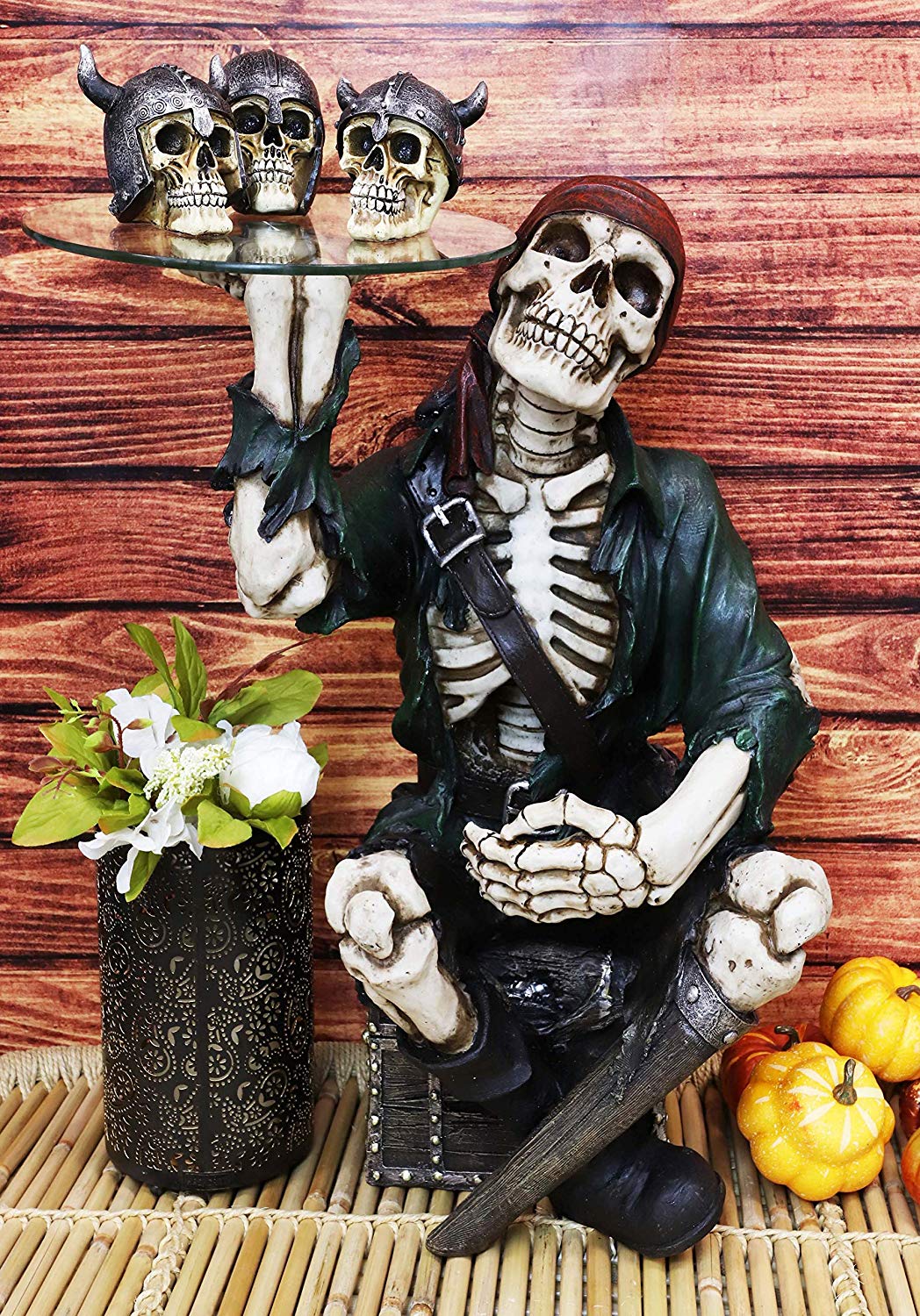 Skeleton Pirate Buccaneer Sitting On Treasure Box Side Table And