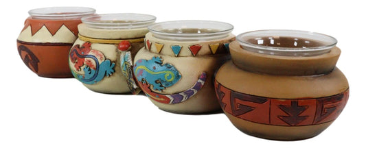 Southwest Pueblo Aztec Symbols Jars 4 Votive Tea Light Candles Holder Sculpture
